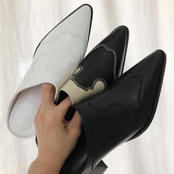 ミュール サンダル ポインテッドトゥ レディース チャンキーヒール 太ヒール 黒 白 ブラック ベー...