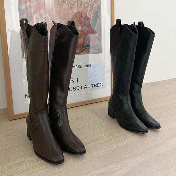 ロングブーツ ウエスタンブーツ サイドジップ スクエアトゥ レディース チャンキーヒール 太ヒール ...