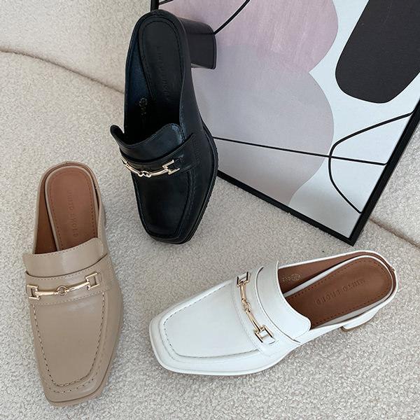 ミュール ローファー サンダル スクエアトゥ ビット モチーフ レディース チャンキーヒール 太ヒー...