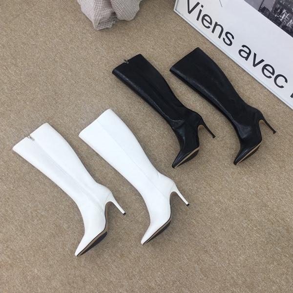 ロングブーツ ポインテッドトゥ サイドジップ レディース ハイヒール 黒 白 ブラック ホワイト 歩...