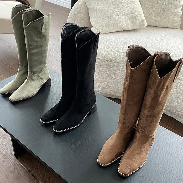 ロングブーツ ウエスタンブーツ スクエアトゥ スエード レディース ミドルヒール 黒 茶色 ブラック...