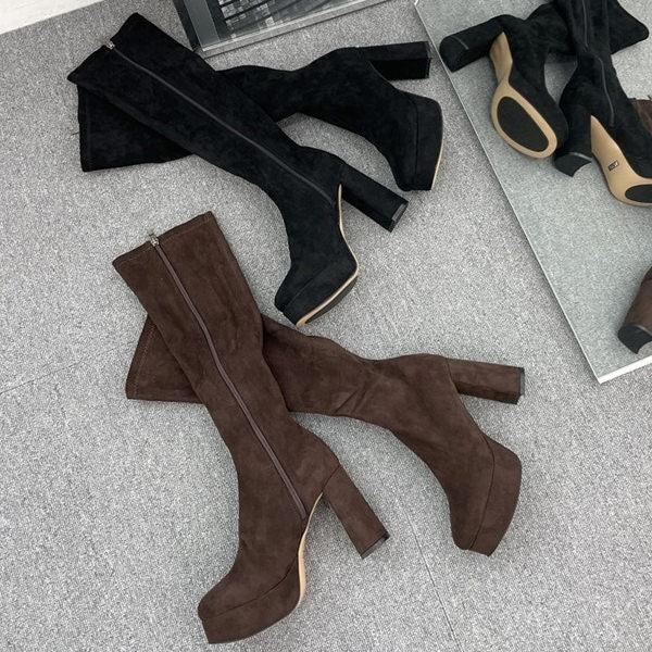 ロングブーツ ストレッチ サイドジップ ストーム スエード レディース チャンキーヒール 太ヒール ...