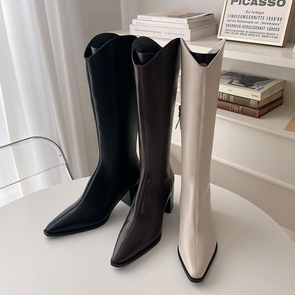 ロングブーツ ウエスタンブーツ ポインテッドトゥ サイドジップ レディース チャンキーヒール 太ヒー...