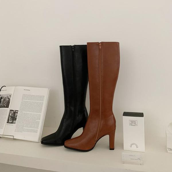 ロングブーツ スクエアトゥ サイドジップ レディース プレートヒール ハイヒール 黒 茶 ブラック ...