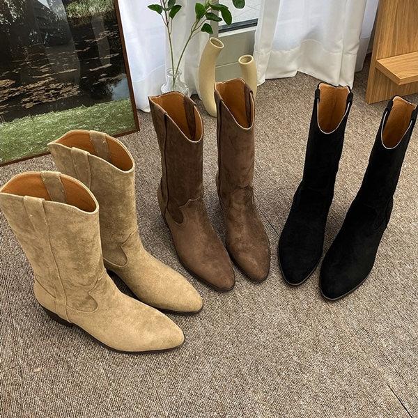 ミドルブーツ ウエスタンブーツ ポインテッドトゥ スエード レディース ローヒール 黒 茶 ブラック...