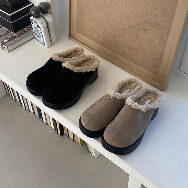 サンダル ミュール ムートン オブリークトゥ 厚底 ウェッジソール レディース ミドルヒール 黒 ブ...