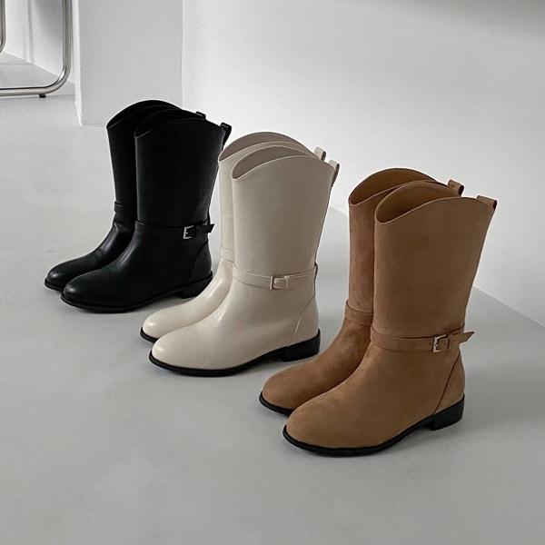 ミドルブーツ ウエスタンブーツ フラット レディース ローヒール 黒 ブラック ベージュ アイボリー...