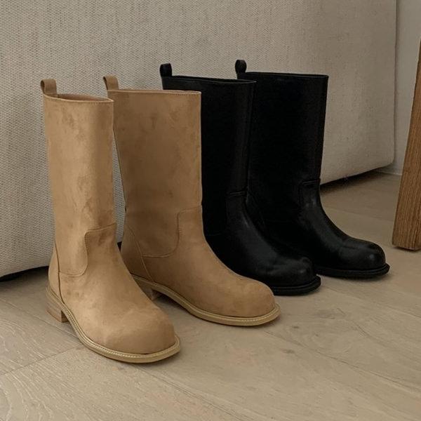 ミドルブーツ 履き口 ゆったり フラット レディース ローヒール 黒 ブラック ベージュ レザー ス...
