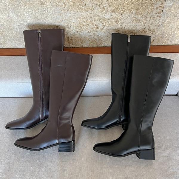 ロングブーツ ジョッキーブーツ スクエアトゥ サイドジップ レディース ローヒール 黒 茶 ブラック...