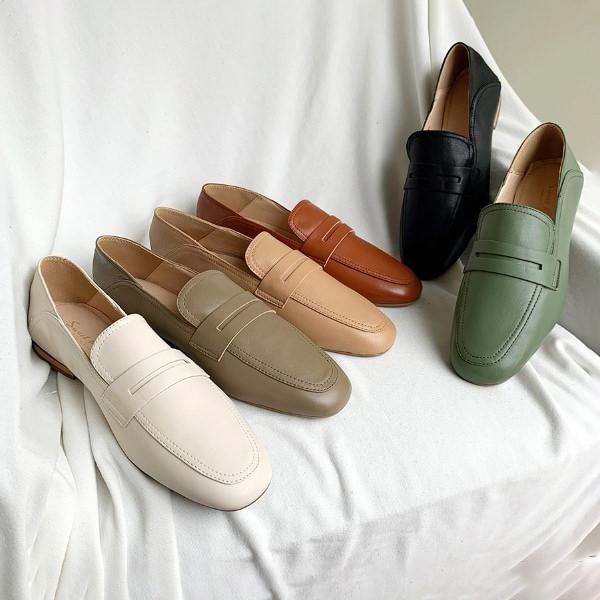 ローファー スクエアトゥ 羊革 フラット レディース ぺたんこ 黒 茶 ブラック ブラウン オリーブ...