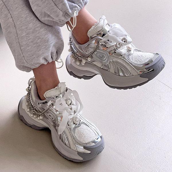 ダッドスニーカー ダッドシューズ チャーム チェーン レディース ミドルヒール 銀 シルバー 歩きや...