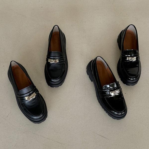 ローファー レディース ミドルヒール 黒 ブラック レザー エナメル おじ靴 革靴 オックスフォード...