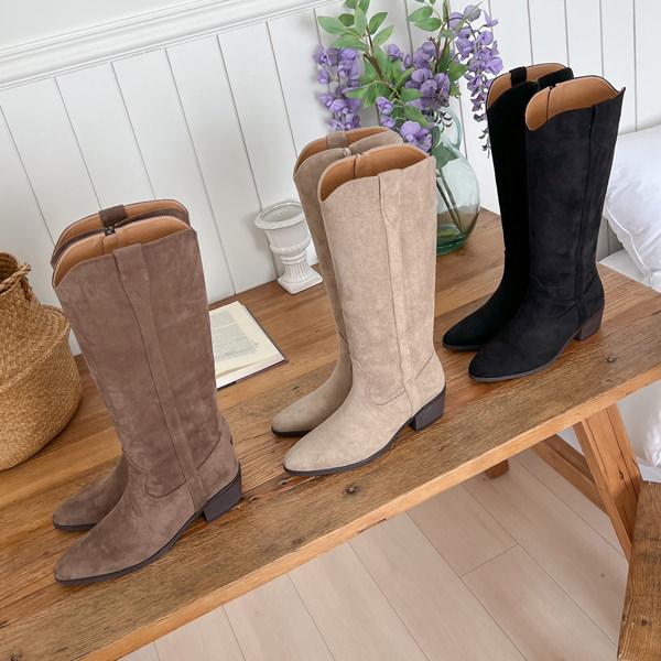 ロングブーツ ウエスタンブーツ サイドジップ レザー スエード レディース ミドルヒール 黒 茶 ブ...