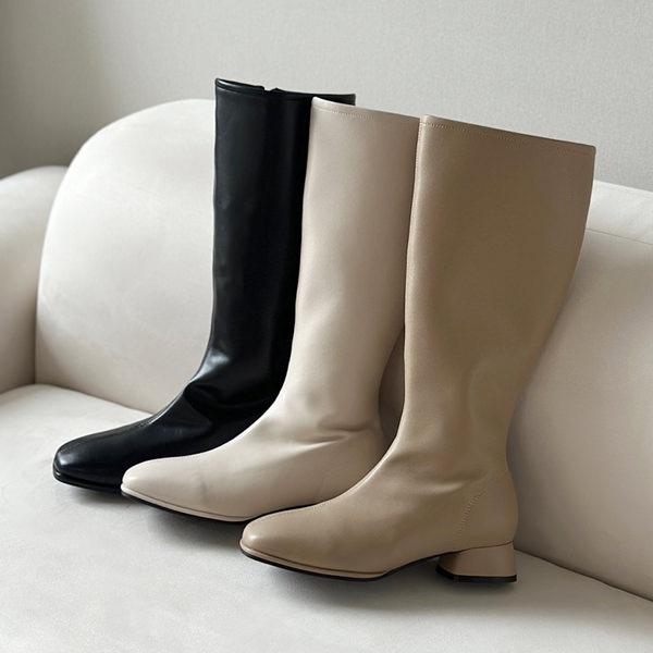 ロングブーツ ジョッキーブーツ スクエアトゥ サイドジップ 天然牛革 フラット レディース ローヒー...