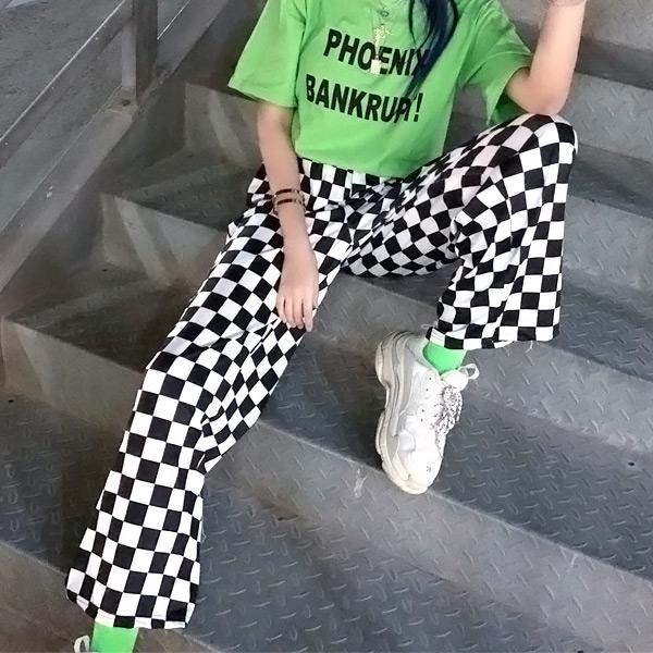 パンツ ストレート ワイド ブロックチェック柄 サテン ストレッチ スケーター 総柄 メンズ レディ...