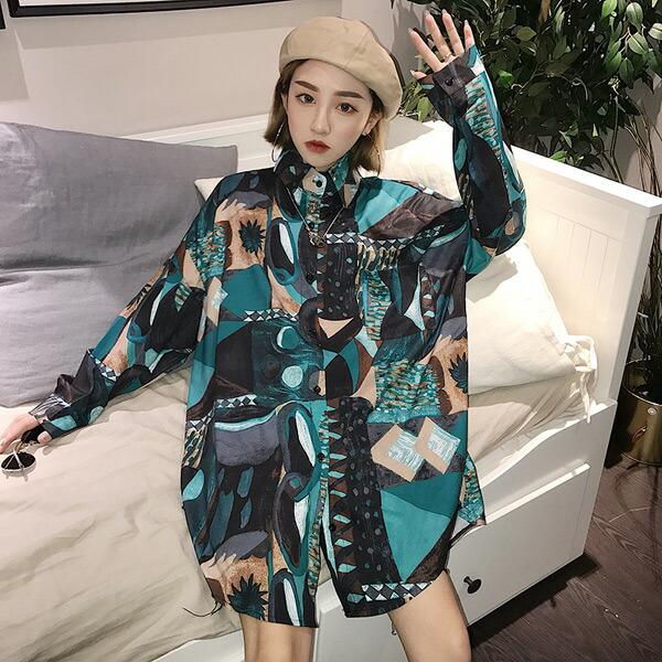 柄シャツ ブラウス 長袖 配色 総柄 アート ビッグシルエット ダンス 衣装 韓国 ファッション 大...