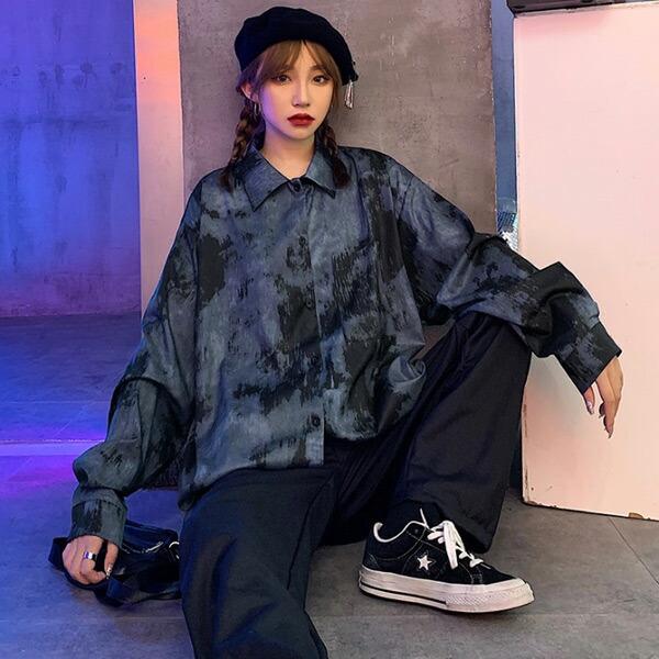 柄シャツ 長袖 総柄 ダークカラー ビッグシルエット トップス ダンス 衣装 韓国 ヒップホップ レ...