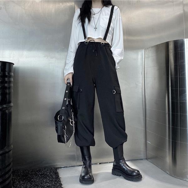 ワイドストレートパンツ サスペンダー付き ブラック 無地 ウエストゴム ダンス 衣装 韓国 ヒップホ...