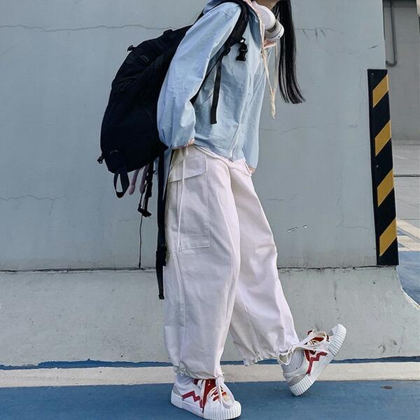 送料無料 ワイドカーゴパンツ 裾ドロスト 無地 ハイウエスト ウエストゴム ボトムス ダンス 衣装 ...