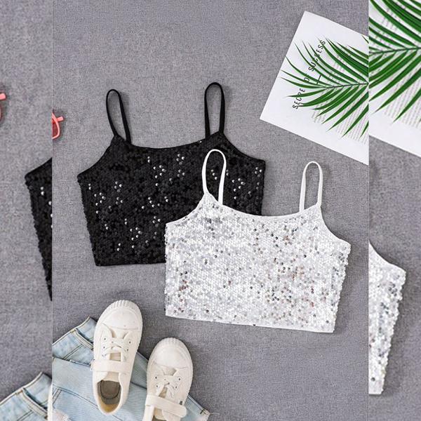 送料無料 キッズ ティーン ガール ダンス キャミソール キャミ スパンコール キラキラ ギラギラ ...