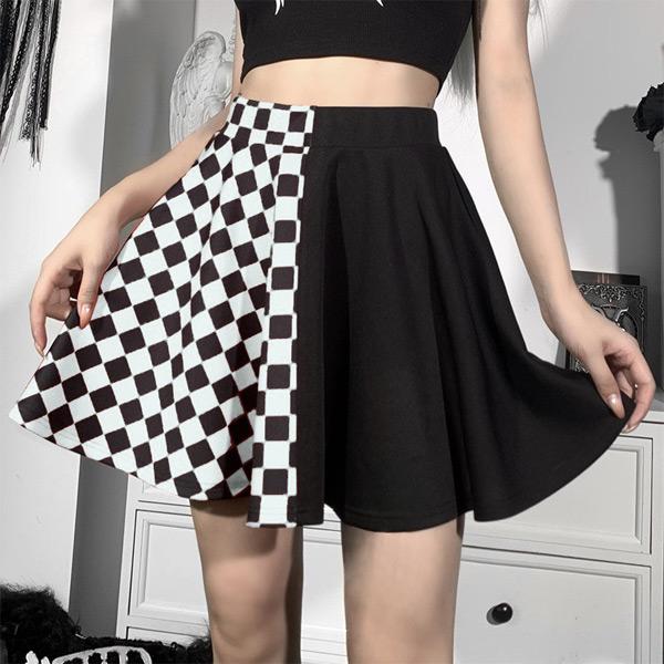 ミニスカート チェッカー柄 アシンメトリー スカート ブラック 黒 ブロックチェック柄 フレアスカー...