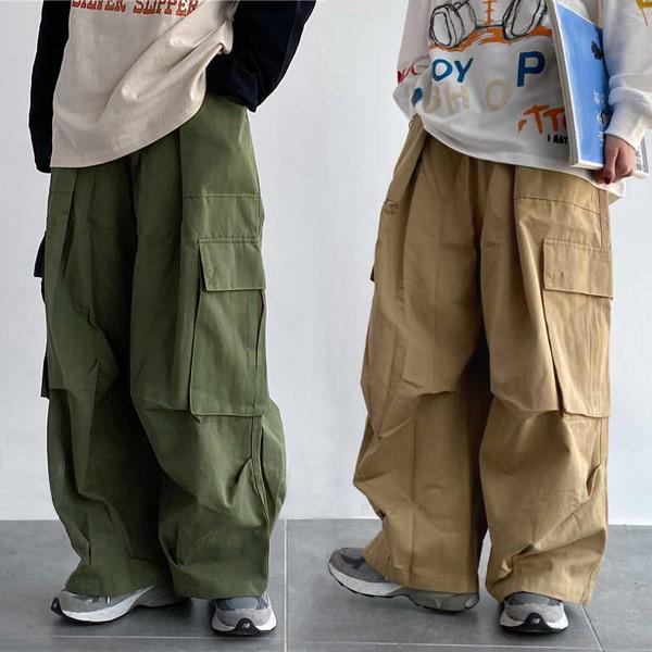 カーゴパンツ アースカラー ワイドパンツ ドロストパンツ カーキグリーン ベージュ 無地 ダンス 衣...