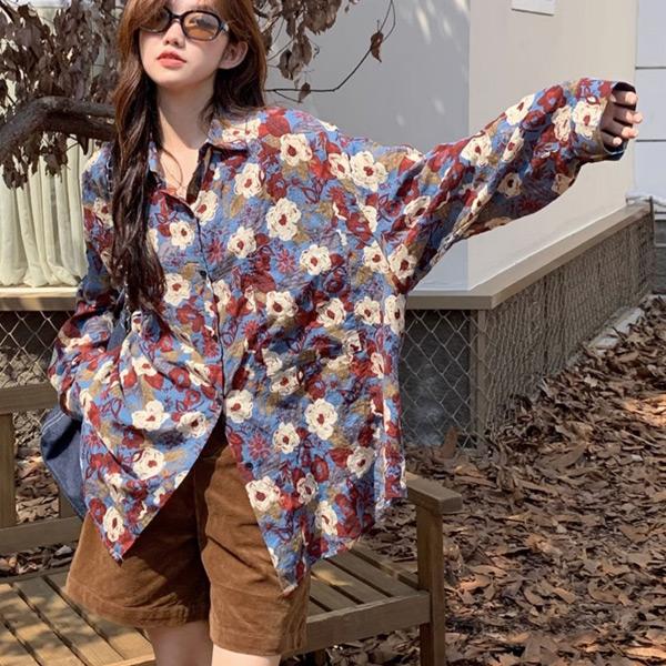柄シャツ レトロ フラワー柄 ブルー 花柄 長袖シャツ オーバーサイズ 青色 ダンス 衣装 韓国ファ...