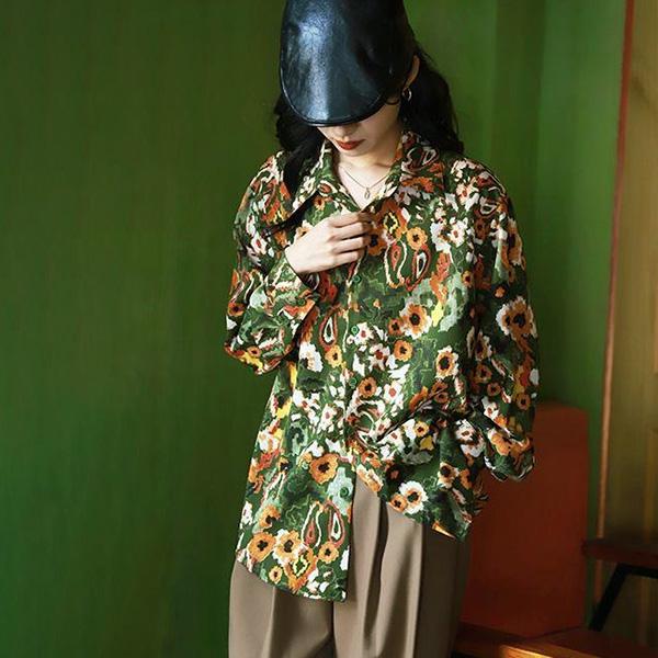 柄シャツ 花柄 小花柄 ペイズリー柄 フラワー ボタニカル 植物柄 オレンジ グリーン 長袖 長袖シ...