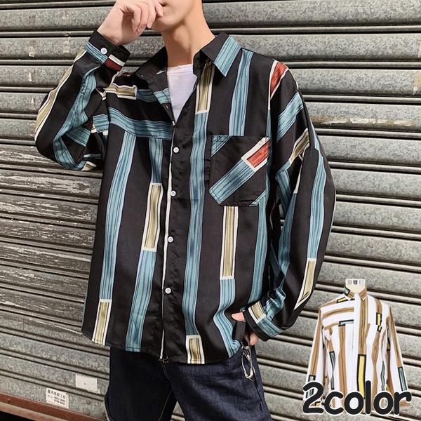 柄シャツ 配色 ストライプ ライン 長袖シャツ 幾何柄 シャツ ダンス 衣装 ヒップホップ コスチュ...