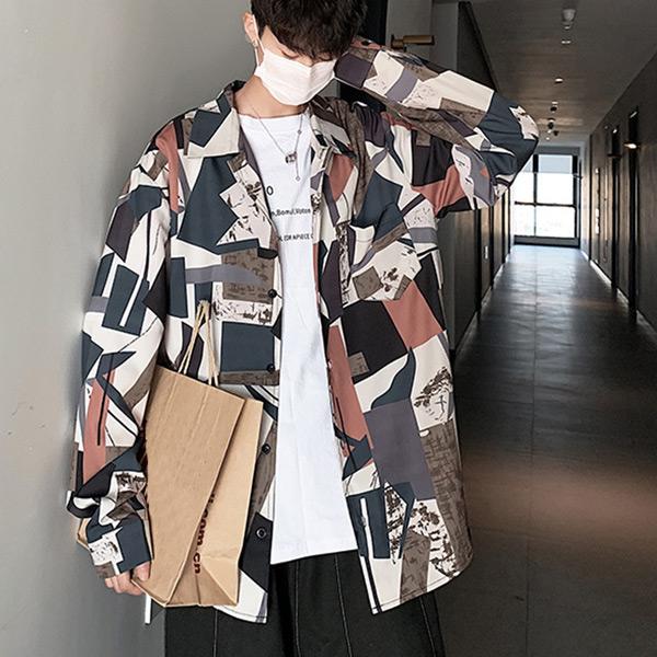 柄シャツ 幾何柄 ジオメトリック 長袖シャツ レトロ 配色 アート オーバーサイズ ダンス 衣装 韓...