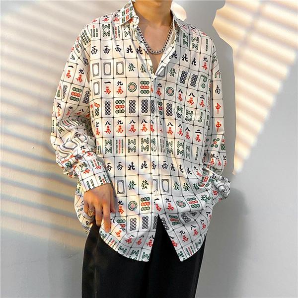 柄シャツ マージャン 麻雀 牌 麻雀柄 ゲーム タイル 長袖シャツ 長袖 総柄 衣装 韓国ファッショ...