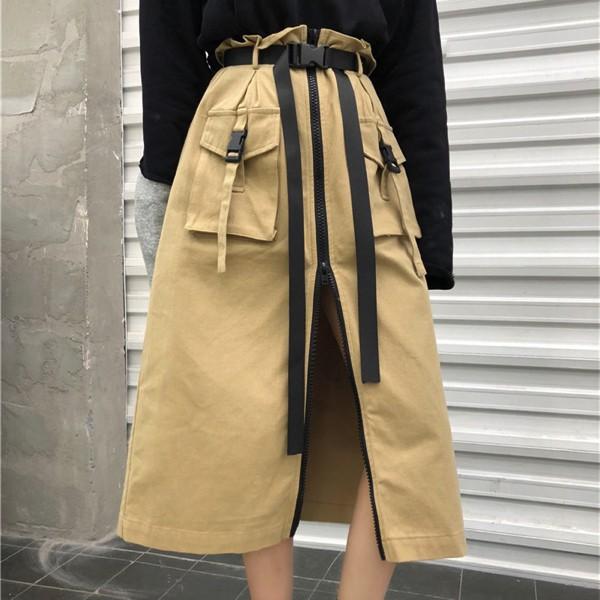 スカート マキシム丈 フロントジッパー 腰ベルト レディース ファッション