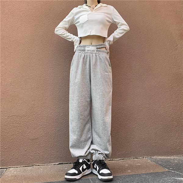 ウエスト スリット ルーズパンツ ハイウエスト スウェット パンツ グレー ブラック 韓国系 ストリ...