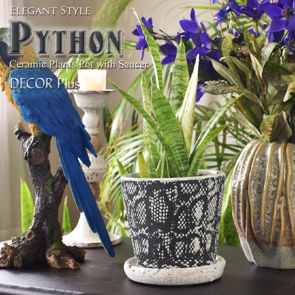 Python パイソン は虫類の革のようなプランター 植木鉢 陶器 4号 受皿付き 底穴有