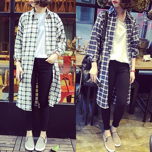 チェック柄 ロングチェックシャツ 長袖 レディース
