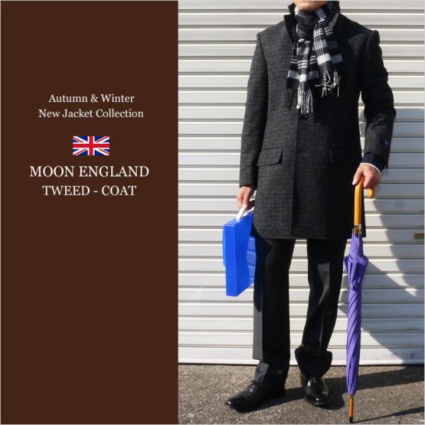 ツイード メンズ チェスターコート 新品秋冬 英国 MOON ムーン TWEED 灰グレー杢 チェッ...
