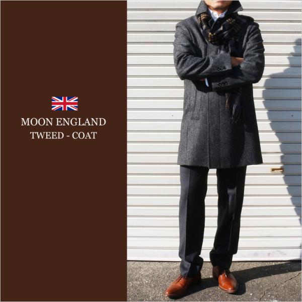 ツイード メンズ ステンカラーコート 新品 秋冬 英国 MOON ムーン TWEED 灰グレー 杉綾...