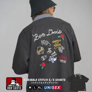 BEN DAVIS ベンデイビス オーバーサイズ タトゥーモチーフ チェーンステッチ 半袖  開襟 ボウリングシャツ メンズ SCRIBBLE STITCH O/C SHIRTS｜deep