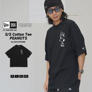 スヌーピー ニューエラ コラボ Tシャツ メンズ 半袖 NEW ERA オーバーサイズ コットン PEANUTS ピーナッツ スヌーピー ウッドストック 野球 ブラック｜deep