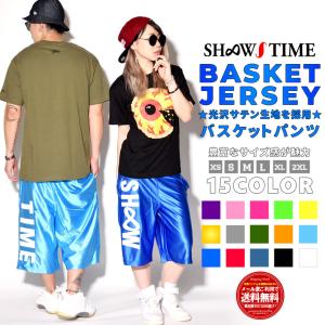 ショータイム SHOOWTIME バスケット ハーフパンツ バスパン サテンジャージ 下 メンズ レディース ビッグロゴプリント ストリート系 ダンス