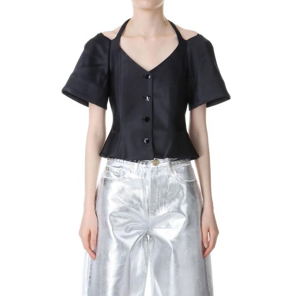 【P5倍 / SALE】Double Satin Fitted Open-neck Blouse-B...