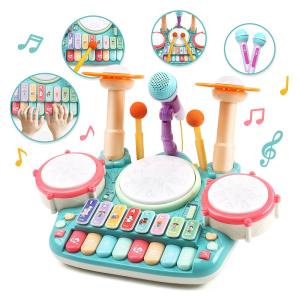 Cute Stone おもちゃ 5in1楽器玩具 音楽おもちゃ ドラムおもちゃ 4種類ピアノ キーボード 木琴 マイク付き 多機能 音楽 ライト 太鼓 鍵盤楽器  知育玩具 誕生日｜DEERCヤフー店