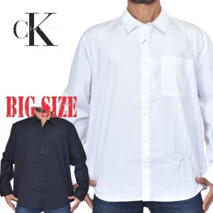 大きいサイズ メンズ CK Calvin Klein カルバンクライン 長袖シャツ ポケット ワンポイント EASY FIT 白 黒 XL XXL｜deff