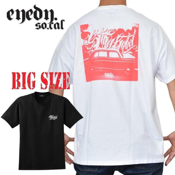 大きいサイズ メンズ EYEDY アイディー OLD CAR 半袖Ｔシャツ 黒 白 ブラック ホワイ...