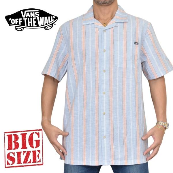 大きいサイズ メンズ VANS ヴァンズ 半袖 オープンシャツ ストライプ 開襟 リネン 麻 XXL