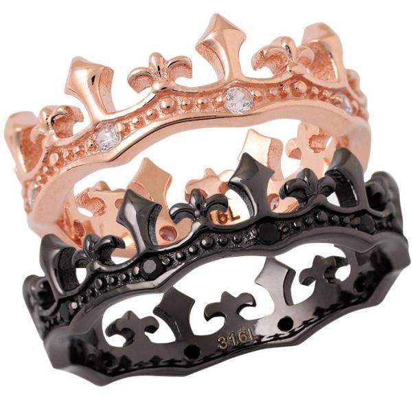 ペアリング 2本セット ステンレス 指輪 メンズ レディース キュービックジルコニア クラウン 王冠