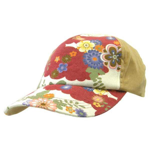 和柄 ピッグポリスウェードキャップ 花・赤 和柄帽子