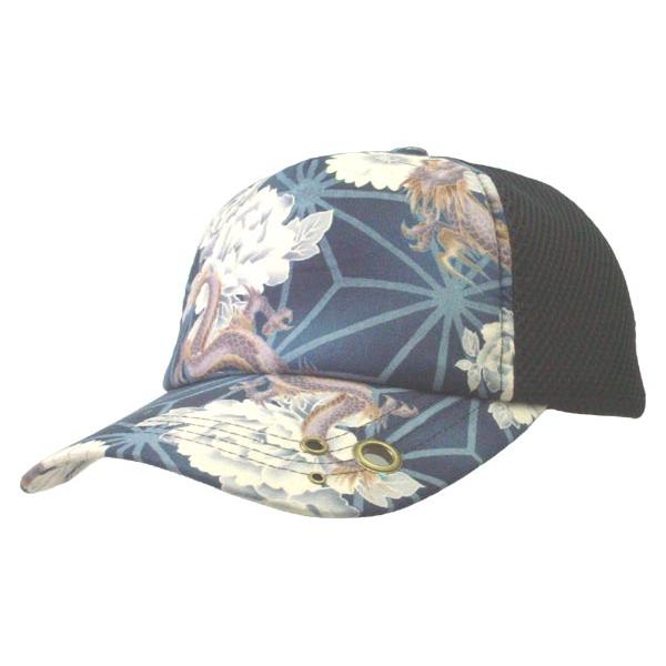 和柄メッシュキャップ（龍・花柄 紺）