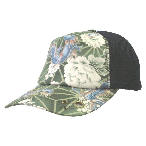 和柄メッシュキャップ（龍・花柄 カーキ）