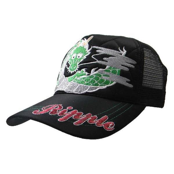和柄サテン刺繍メッシュキャップ 龍柄/黒 和柄小物